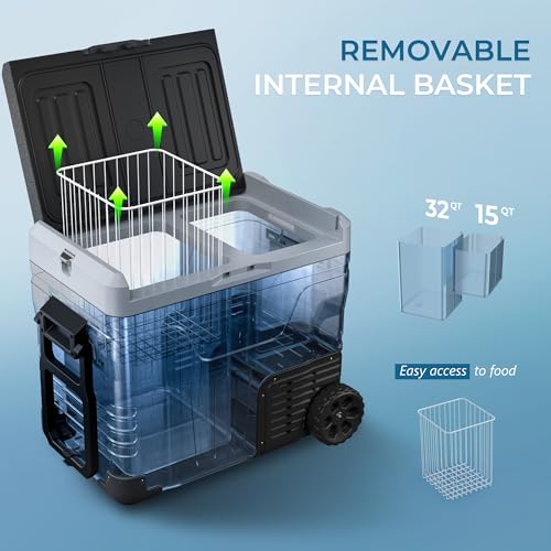 EUHOMY 12 Volt Refrigerator, 47QT(45L) Dual Zone Electric Cooler, Portable Freezer 12V/24V DC 110-240V AC, 12V Fridge -4℉~68℉, 12V Cooler with Wheels & Basket for Travel, Truck, Boat, Camping