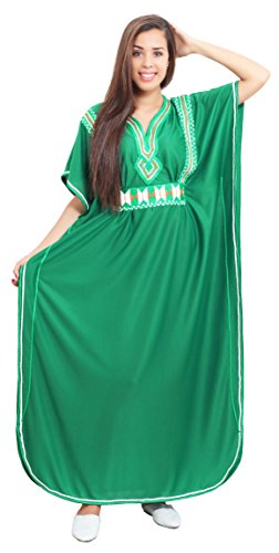 Moroccan Caftans Women Breathable Handmade with Embroidery Coverup Loungewear Ethnic Design Green