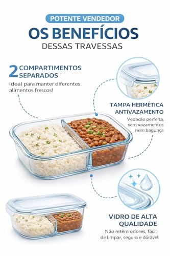 Kit com 5 Marmitas de Vidro com Divisória 1040ml - Potes Herméticos com Tampa e 2 Compartimentos - Ideal para Meal Prep Fitness - Vai ao Microondas, Forno e Freezer