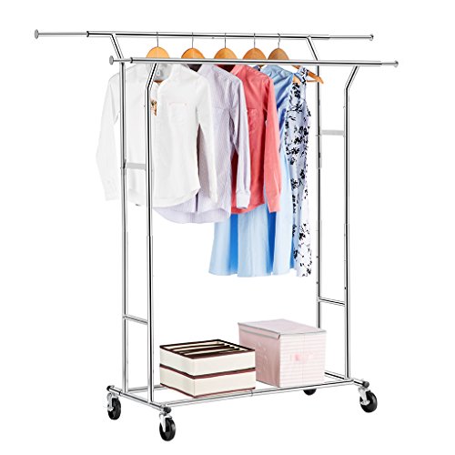 LANGRIA Double Rail Clothing Rack Commercial Grade Height Adjustable Heavy Duty Clothes Garment Rack for Boutiques