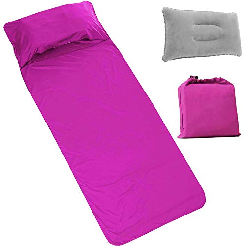 Travel Sleeping Bag Liner, Outdoor Camping Sheet with Inflatable Pillow & Pump, Lightweight Soft Sleep Sack Liner for Hotel Hiking Trains Planes Trip