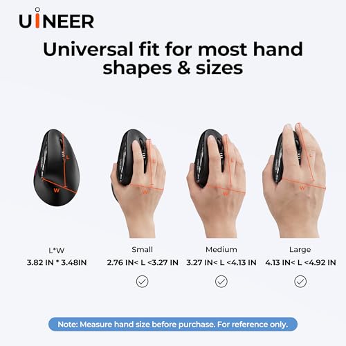 Uineer Ergonomic Wireless Mouse, Bluetooth Rechargeable Vertical Mouse, 7 Color LED, 4 DPI Adjustable, USB-A, Wrist Strain Relief,Optical Mice for Computer/PC/Laptop, Black (Black)