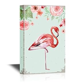 Canvas Wall Art - Watercolor Flamingo Standing on One Leg with Flowers - Gallery Wrap Modern Home Art | Ready to Hang - 12x18 inches