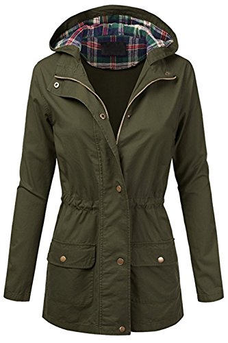 Fashion Boomy Womens Zip Up Military Anorak Jacket W/Hood (MEDIUM, H-12-OLIVE)