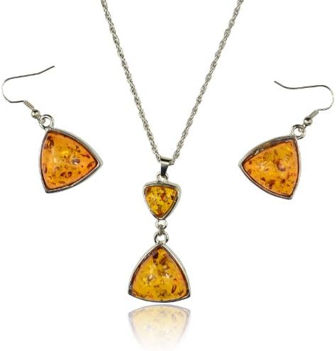 VTG Tibet Yellow Artificial Amber Necklace Dangle Earring Triangle Pendant Set