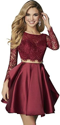 Alinafeng Women's Lace Long Sleeves Two-Piece Short Prom Homecoming Dresses(2,Red)