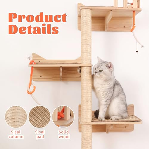MIUZMORE Cat Tree Wall - Set of 7 Shelves and Platforms with Sisal Scratching Posts, Wall Mounted Furniture for Large Indoor Cats, Space Saver