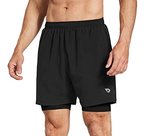 Baleaf Men's 2-in-1 Running Athletic Shorts Zipper Pocket Black/Black Size L