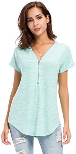 Womens Loose Fitting Zip Up Deep V Neck Short Sleeve Tops Tunic Casual T Shirts Blouse