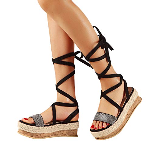 Tantisy â™£â†­â™£ Summer Fashion Sandals Sequin Cross-Tied Weave Thick-Bottom Roman Single Shoes Chunky Heels for Womens Black