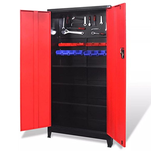 Tool Cabinet 2 Doors Steel with 3 Adjustable Shelves and 2 Racks,90 x 40 x 180 cm (L x W x H) Black and Red for Storing Tools
