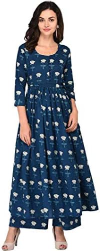 AYAN Women Floral Print Flared Kurta Blue, White