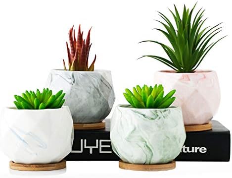 Marble Ceramic Planter Pot,Drainage Cactus Pots Home and Office Decoration Desktop Planter Pot with Bamboo Tray,Set of 4 …
