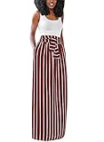 SurBepo Women's Full Length Loose Vertical Striped Long Dress With Pockets (Burgundy M)