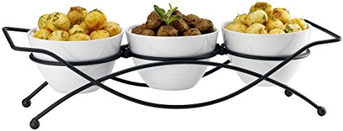 Elegant 4-piece Relish Tray with White Ceramic Bowl. Server Set with Metal Rack. Buffet Server for Candy, Nuts and Dips.