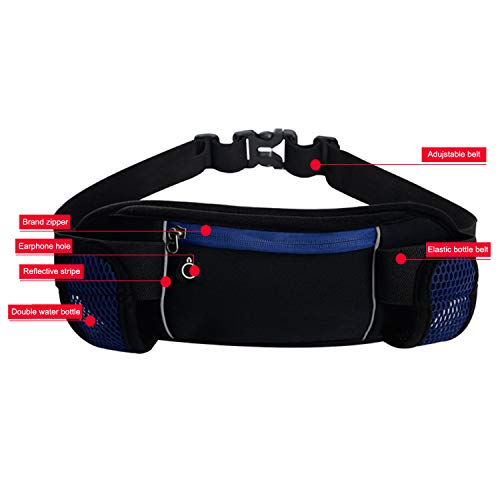 ChangYou Runing Belt Waist Bag Fanny Pack with 2 Water Bottle Holder Earphone outlets for Sport Walking Cycling Jogging Color Blue