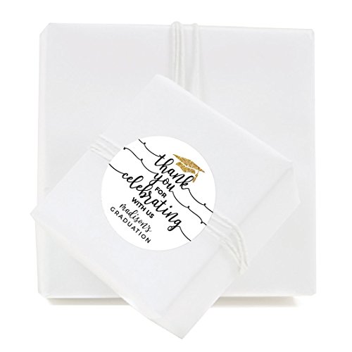 Andaz Press White and Gold Glittering Graduation Party Collection, Personalized Round Circle Label Stickers, Thank You for Celebrating With Us, 40-Pack, Madison's Graduation Custom Name