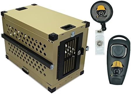 Collapsible Dog Crate Khaki - X-Large - IATA 82 Airline Compliant - Powder Coated Aluminum Folding Dog Travel Crate with Handles and Rails and eXtreme Dog Training Clicker Bundle