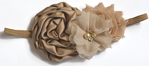Chiffon Lace Flower Bow Rhinestone Pearls Beads Headbands (Light Brown)