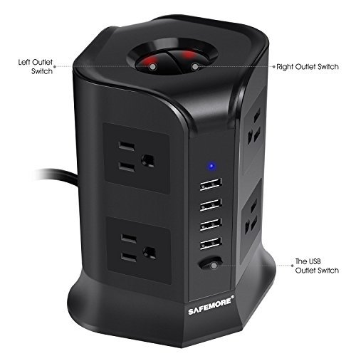 Safemore Power Strip Surge Protector Smart 8-Outlet with 4-USB Ports Socket Black