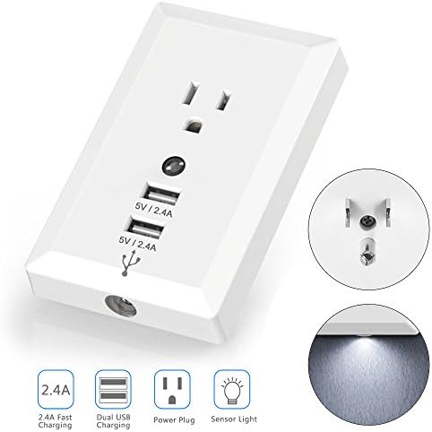 Quarkware Plug In Dual USB Wall Plug Outlet 2.4A Fast Charger 15 AmpTR Receptacle Socket Adapter with US Power Plug LED Sensor Night Light