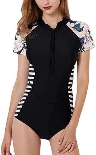 Lyguy Bathing Suit, Womens Plus Size One Piece Rashguard Turtleneck Zip Front Padded Surfing Swimsuit Boho Floral Stripes Patchwork Short Sleeves Bathing Suit S-2Xl B M