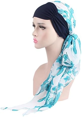 HKFV Women Long Tails Design Bohemian Printed Style Muslim Hats Elastic Turban Chiffon Head Cover Band Scarf Wrap