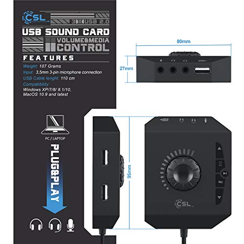 CSL-Tarjeta-de-Sonido-Externa-USB-Tarjeta-de-Sonido-con-Control-de-Volumen-concentrador-USB-Conexion-para-Auriculares-Cascos-microfonos-Ecualizador-Control-de-un-Reproductor-de-Sonido