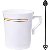 Nervure 60 Pack White Plastic Coffee Mugs with 60 PCS Black Coffee Stirrers - 8oz Disposable Coffee Cups with Handles & 5inch Coffee Stirrers - Plastic Tea Cups with Gold Rim for Wedding and Party