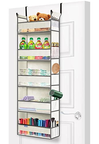 roomtalk Over The Door Hanging Organizer 5-Shelves for Bathroom, Door Organizer Hanging with 2 Large Metal Hooks &10 Pockets for Bedroom, Over The Door Storage for Baby Nursery, Beige Yellowish.