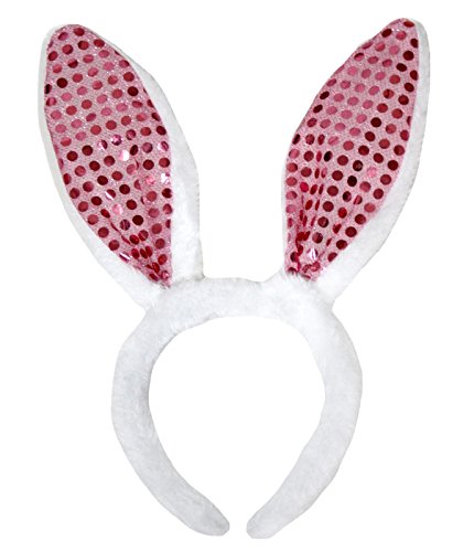 Easter Halloween Party White Fur Pink Sequin Bunny Ear Girl Headband Costume