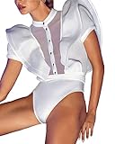 Yinggeli Women's Off Shoulder with Ruffle Bodysuit Leotards Rompers(Large, White)