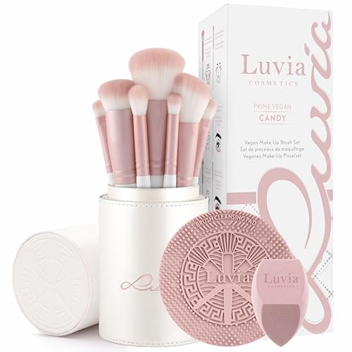 Make-up Pinselset 10-teilig | 7 vegane Schminkpinsel + veganes Leder-Etui, Reinigungsmatte & Blender-Schwamm | Prime Vegan Complete | Für Foundation,