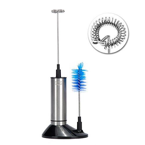 Kemuse Stainless Steel Electric Milk Frother & Brush with Standing Base - One Touch Handheld Milk Frother - Battery Operated Electric Foam Maker For Coffee, Latte, Hot Chocolate, Cappuccino