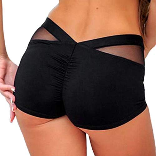 Lovhop Womens Mid Rise Skinny Sport Shorts Mesh Patchwork Waistband Ruched Butt Lift Fitness Leggings Cross Band Yoga Gym Tights Pants