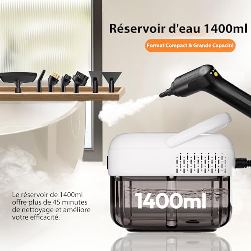 Nettoyeur Vapeur, Nettoyeur Vapeur Portable, Chauffe Rapide en 15s, 3 Niveaux de Réglage, 1,4L Steam Cleaner, Nettoyeur Vapeur Haute Pression Pour Maison, Cuisine, Salle de Bain, Auto, Sols, Meubles