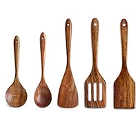 5 Pcs Luxury Wooden Utensils Non Stick Spatula Set-Best Cooking Spatula, Slotted Spatula, Angled Turner Spatula, Serving Soup Spoon & Mixing Spoon Kitchen Cookware