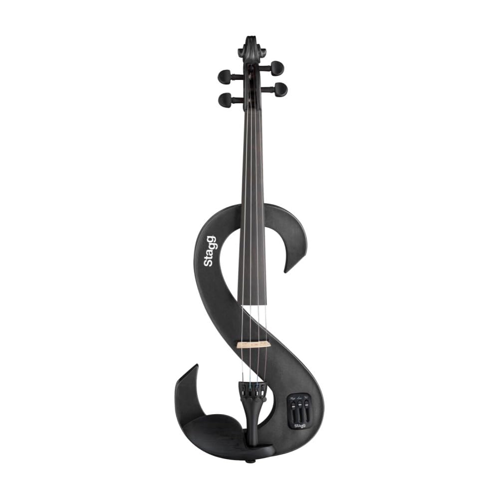 Stagg Full Size 4/4 Electric Silent Violin Set with Bow, Hard Case, Strap, Stereo Headphones and Rosin, Metallic Black, S Shape