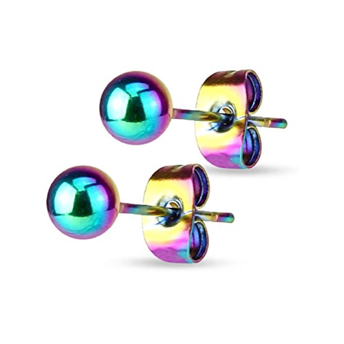 PiercedOff Pair of Rainbow Hollow Ball End Earrings - 7mm
