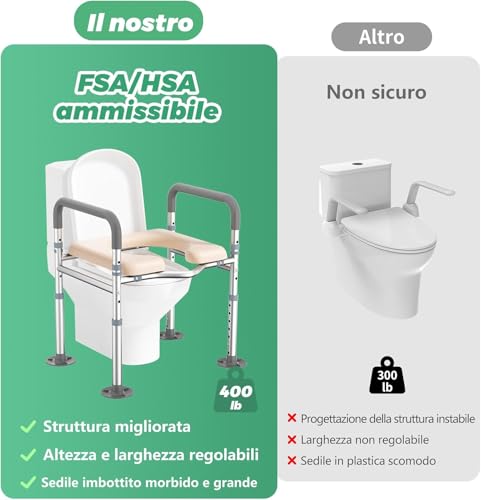 Rialzo WC per Anziani, Alzata per WC Regolabile in Altezza Alzawater per Anziani, Comoda WC Alzata Water per Anziani con Seduta Imbottita e Telaio in Alluminio, Braccioli per WC