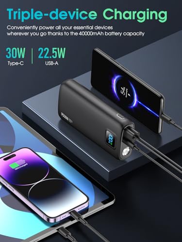 Portable-Charger-Power-Bank - 40000mAh Power Bank PD 30W and QC 4.0 Quick Charging Built-in Bright flashlight LED Display 2 USB 1Type-C Output for Most Electronic Devices on The Market(Carbon Black)