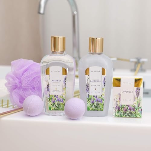 Spa Gifts for Women, Spa Luxetique Spa Gift Baskets with Daisy Scented, 8pc Home Bath and Body Gifts Set, Spa Bath Set Includes Body Lotion, Bubble Bath, Bath Salt, Essential Oil (Lavender)