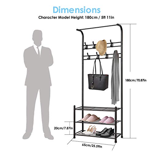 alvorog Entryway Coat Rack Shoe Bench, 3-in-1 Hall Tree, 3-Tier Storage Shelves with 16 Hooks Multifunctional Hallway Organizer, Easy Assembly (Black)