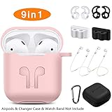AirPods Case, Rockindeer 9 in 1 AirPods Accessories Set Protective Silicone Cover and Skin Compatible Apple AirPods Charging Case with Watch Band Holder/Ear Hook/Keychain/Strap/Carrying Box (Pink)