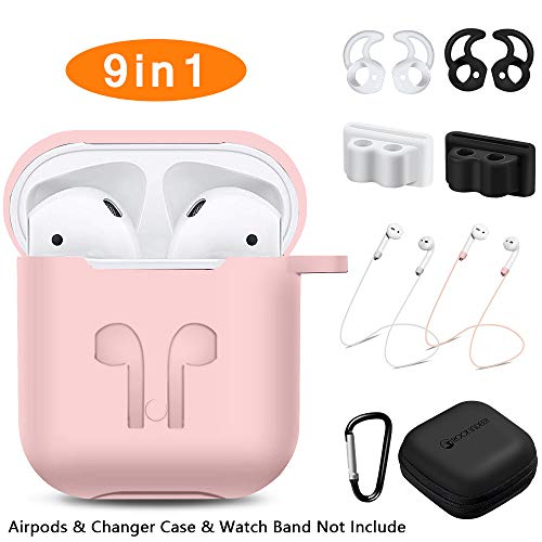 AirPods Case, Rockindeer 9 in 1 AirPods Accessories Set Protective Silicone Cover and Skin Compatible Apple AirPods Charging Case with Watch Band Holder/Ear Hook/Keychain/Strap/Carrying Box (Pink)