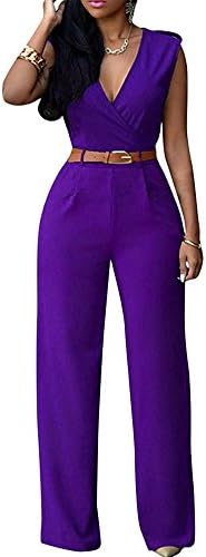 CASUALQA Women's Sexy Plunge V Neck Belted Wide Leg Jumpsuits Dress (XL, Purple)