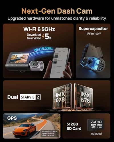 70mai 4K T800 3 Channel Dash Cam Front and Rear Inside (2160P+2160P+1080P), STARVIS 2 IMX678, HDR Night Vision, Dash Camera for Cars with 512GB Card, WiFi 6, 4G LTE, ADAS, 24H Parking Mode