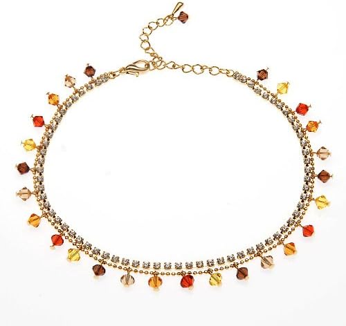 2-Strand Boho Dangling Multi-Colored Crystal CZ Chain Rhodium/Gold-Plated Brass Anklet