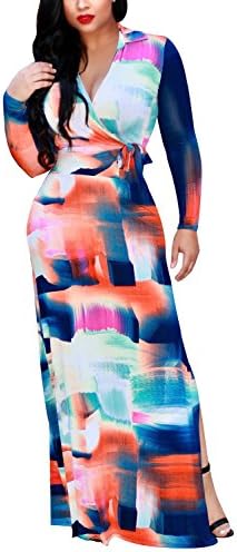 Women's V Neck Long Sleeves Digital Graffiti Printed Prom Party Maxi Long Dress With Belt (L, colorful White)