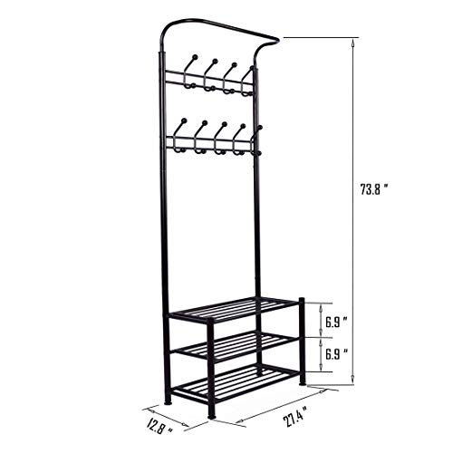 DRM Hall Tree Coat Rack with Metal Entryway 18 Hooks Clothes Rack with 3 Tier Shoe Rack Bench Hat Hanger Umbrella Stand, Black